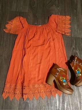 iris Rust Orange Off-Shoulder Dress with Crochet Trim